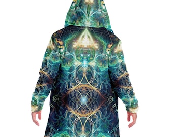 May include: A long, hooded, teal, blue and gold patterned jacket with a psychedelic design. The jacket has a zipper closure and a hood.