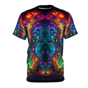 May include: A crew neck t-shirt with a vibrant, psychedelic design. The artwork features a symmetrical pattern of colorful, tree-like structures with intricate details in shades of orange, purple, blue, and green. The shirt has a black collar and short sleeves.