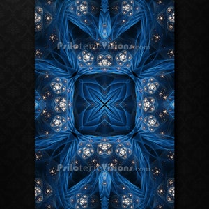 May include: A symmetrical blue and white abstract design with a repeating pattern of diamonds and stars. The design is framed by a black border.