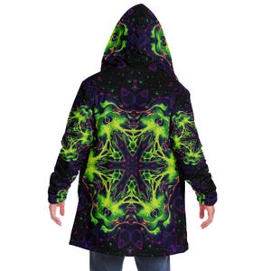 Trippy Mandala HOODED CLOAK, Psychedelic Green Cape, Vibrant Neon Rave Jacket, Colorful Festival Coat, Unique Outerwear for Festivals, Robe