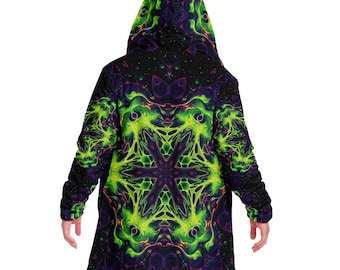 Trippy Mandala HOODED CLOAK, Psychedelic Green Cape, Vibrant Neon Rave Jacket, Colorful Festival Coat, Unique Outerwear for Festivals, Robe