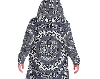 Black and White Psychedelic Cloak – Trippy Optical Illusion Hooded Rave Jacket