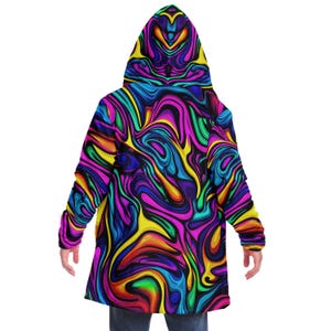 Capa con capucha de neón psicodélico, capa psicodélica, chaqueta rave de neón vibrante, abrigo de festival colorido, capa con capucha de arcoíris, arte abstracto