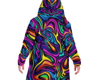May include: A long-sleeved hooded jacket with a colourful abstract pattern. The pattern features swirls of yellow, blue, green, pink and red on a black background.