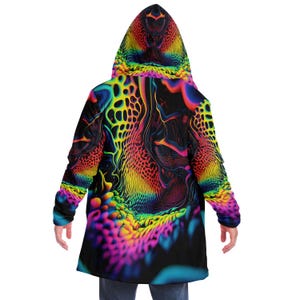 CAPA CON CAPUCHA de neón psicodélico, chaqueta de neón vibrante para rave, capa psicodélica, abrigo colorido para festivales, ropa de abrigo única para festivales, túnica de mago