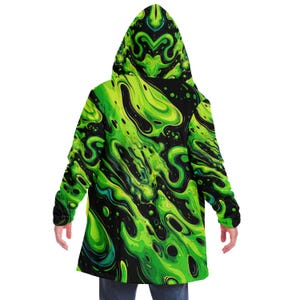 CAPA CON CAPUCHA psicodélica, capa psicodélica, chaqueta rave verde neón vibrante, abrigo colorido para festivales, ropa de abrigo única para festivales, túnica de mago