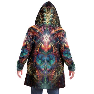 CAPA CON CAPUCHA DE ARTE FRACTAL PSICODÉLICO, CAPA PARA FESTIVIDADES, CHALECO DE RAVE VIBRANTE, ABRIGO COLORIDO, SHAMBHALA, SUDADERA CON CAPUCHA DE BURNING MAN, TAMAÑO GRANDE