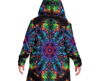 Fantasy Mushroom Mandala HOODED CLOAK, Psychedelic Mushroom Cloak, Sacred Mandala Festival Cape, Trippy Mycology Robe, Visionary Rave Wear