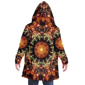 Trippy Fractal Mandala HOODED CLOAK, Psychedelic Festival Hoodie, Vibrant Rave Jacket, Colorful Festival Coat, Wizard Robe, Witch Cape
