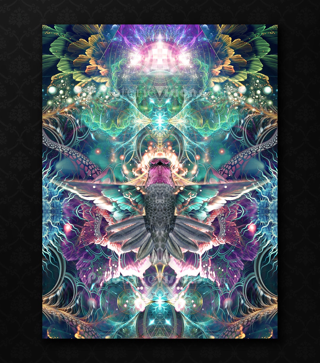 Hummingbird TAPESTRY Visionary Art Psychedelic Art Fractal Art Vibrant Colorful Spiritual Nectar Sacred Geometry Mushroom Wall Art Etsy