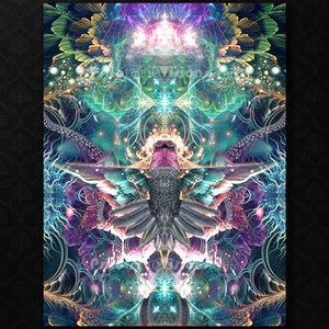 ハチドリのタペストリー、ビジョナリーアート、サイケデリックアート、フラクタルアート、鮮やか、カラフル、スピリチュアル、ネクター、神聖幾何学、キノコの壁アート