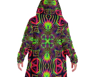 Neon Grid Psychedelic Cloak – Green and Pink Trippy Hooded Rave Jacket