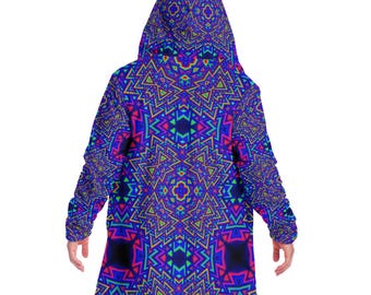 Psychedelic Aztec HOODED CLOAK, Aztec Style Pattern Cloak, Tribal Psychedelic Festival Cape, Visionary Fractal Robe, Mystic Rave Wear