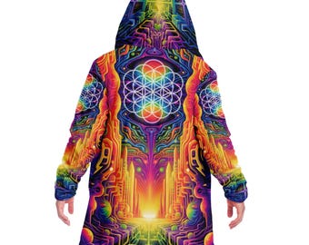 Flower of Life Hooded Cloak, Psychedelic Sacred Geometry Cloak, Festival Hooded Cape, Visionary Art Robe, Trippy Rave Cloak, Festival Wear