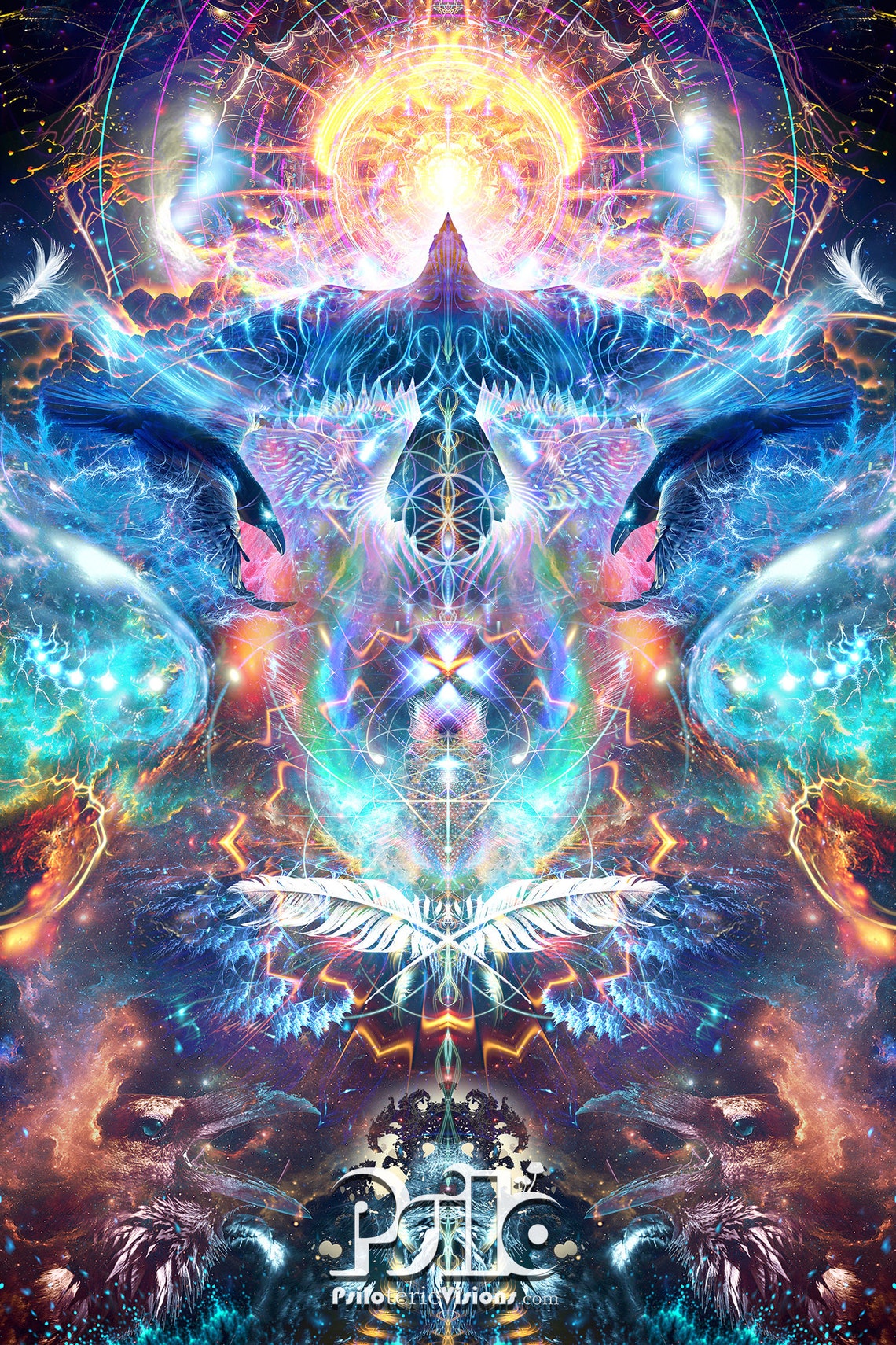 Raven Art TAPESTRY, Visionary Art, Psychedelic, Trippy, Wall Art, DMT, Spiritual, Magic, Fractal 