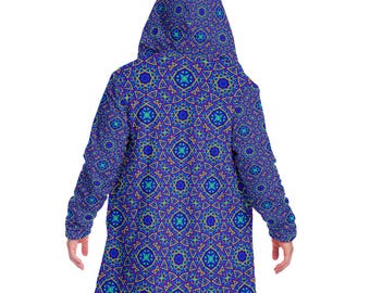 Psychedelic Aztec Pattern HOODED CLOAK, Aztec Style Pattern Cloak, Tribal Psychedelic Festival Cape, Visionary Fractal Robe, Rave Wear