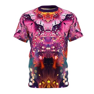 T-shirt con fiori psichedelici, maglietta premium Psytrance Festival Rave, stampa integrale, maglietta con arte frattale floreale psichedelica - unisex da uomo e da donna