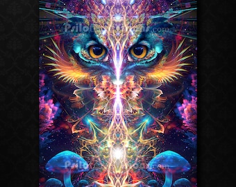Owl TAPESTRY, Mushroom Tapestry, Visionary Art, Vibrant, Fractal, Psychedelic, Colorful, Trippy, Sacred Geometry, Spiritual Art, Vortex