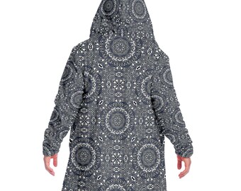 Black & White Pattern HOODED CLOAK, Psychedelic Pattern Cloak, Festival Cape, Visionary Rave Hooded Robe, Men, Women