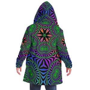 CAPA CON CAPUCHA ILUSIÓN TROPICAL, Sudadera con capucha psicodélica para festivales, Chaqueta rave de neón vibrante, Abrigo colorido, Túnica de mago arcoíris, Capa, Tallas grandes