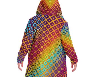 Rainbow Geometric Hooded Cloak – Trippy Rave Jacket with Yellow & Cyan Grid Pattern