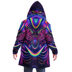 CAPA CON CAPUCHA Cyberpunk Neon, Sudadera con capucha psicodélica para festivales, Chaqueta rave de neón vibrante, Abrigo psicodélico para festivales, Burning Man, Tallas grandes, Bata
