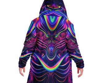 May include: A long, hooded jacket with a colorful, abstract pattern. The pattern features swirling lines and shapes in shades of pink, blue, green, and yellow. The jacket has a black background and a hood with a drawstring.