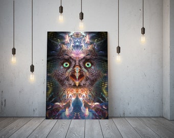 【送料無料】 サイケデリックなフクロウのキャンバスプリント、フラクタル 絵画