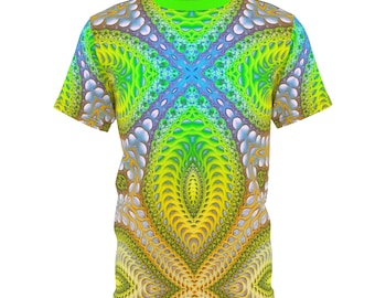 Premium Psychedelic Fractal Art T-shirt, Festival Rave Shirt, All Over Print, Trippy Art Pattern, Vibrant Neon Green - Unisex