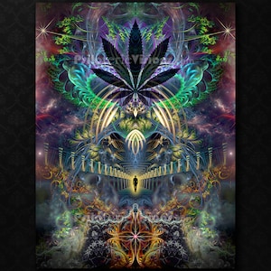 May include: A psychedelic digital art print featuring a large green marijuana leaf with a person walking towards a glowing light at the top of a staircase. The background is a swirling mix of colors and patterns.