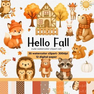 Cozy Watercolor Fall Clipart, Woodland Animals Watercolor Clipart: Fall ...