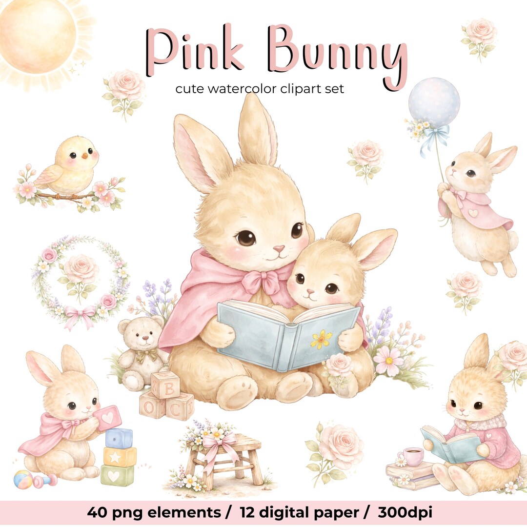 Bunny Watercolor Clipart Set | 40 Cute Bunny PNG + 10 Digital Papers ...