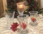 Vintage Set of 4 matched Pressed Glass Set, Candleholders and Flower Base, Holidays Table Decor