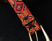 Vintage Woven Genuine Leather Belt, Unisex Leather Belt, Aztec Brown, Red, and Green Belt, Gold Buckle, Size Medium, Made in India