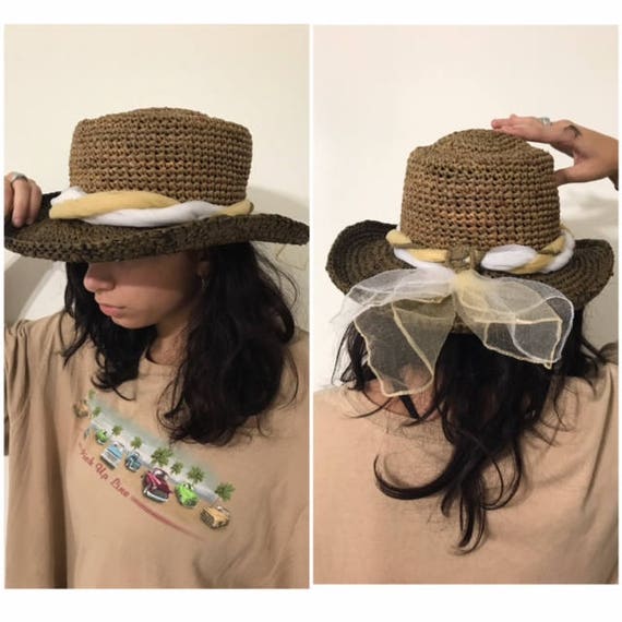 Vintage Women's Hat, Handwoven Brimmed Brown Stra