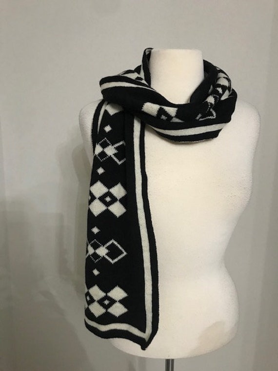 Anne Klein  Long Scarf, Vintage Wool Black and Bei