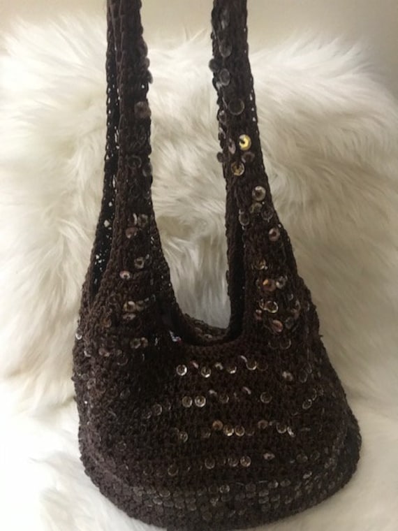 Vintage Crochet Shoulder Bag, Brown Women's Bag, C