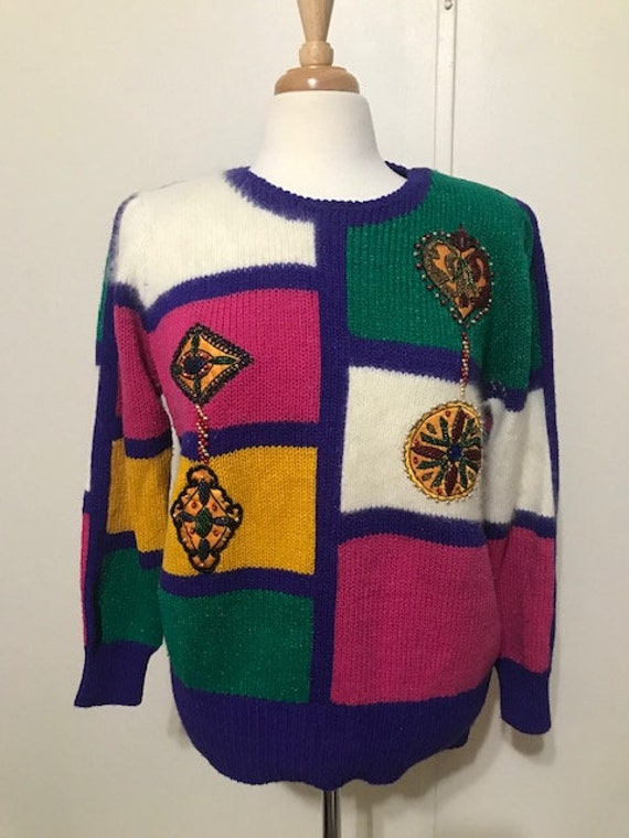 Vintage Christine Colorful Sweater with Beaded Pa… - image 4