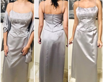 Vintage 2 Pieces Dress, Grey Formal Dress, Dress with Scarf, Maid of Honor, Prom Dress, Size 10, This dress is for a Slender Person