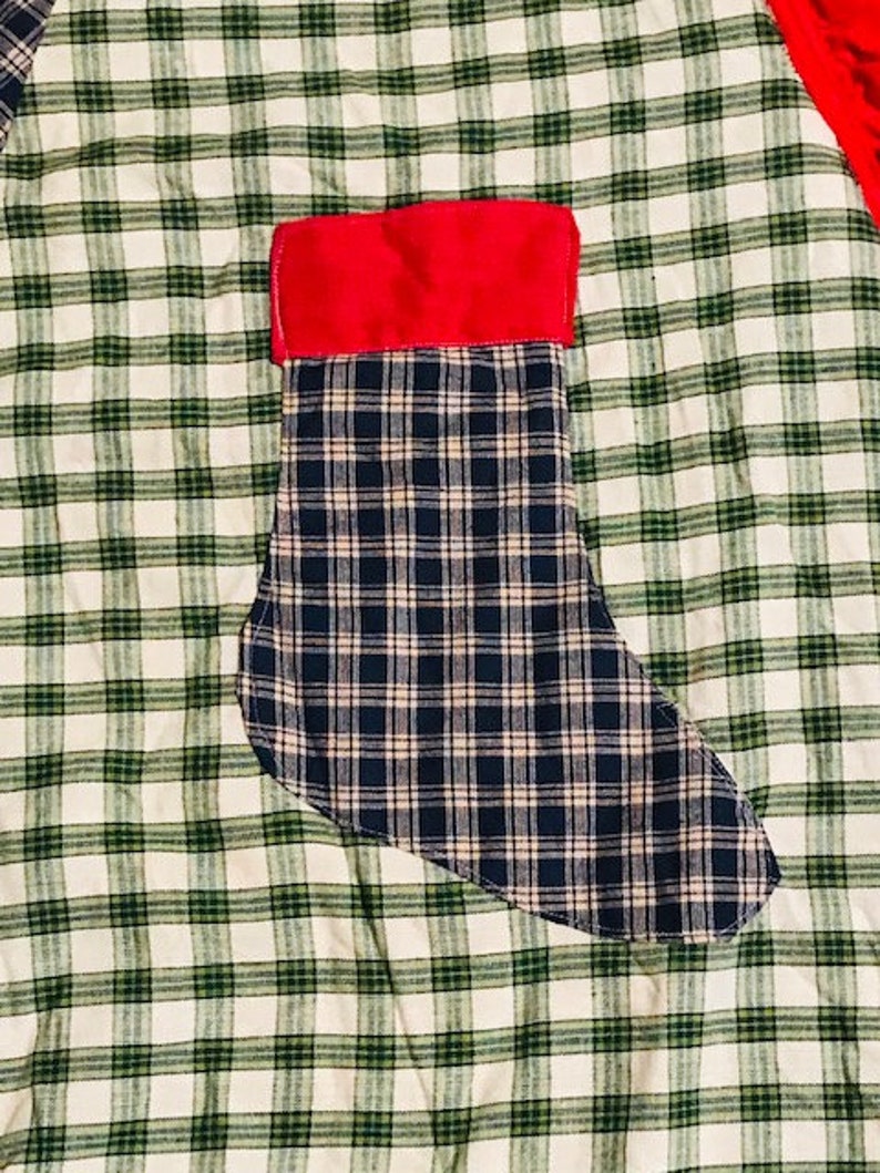 Vintage Extra Large Christmas Tree Quilted Skirt Vintage Christmas Vintage Hand Made Patchwork Skirt and Gingham Christmas Tree Skirt