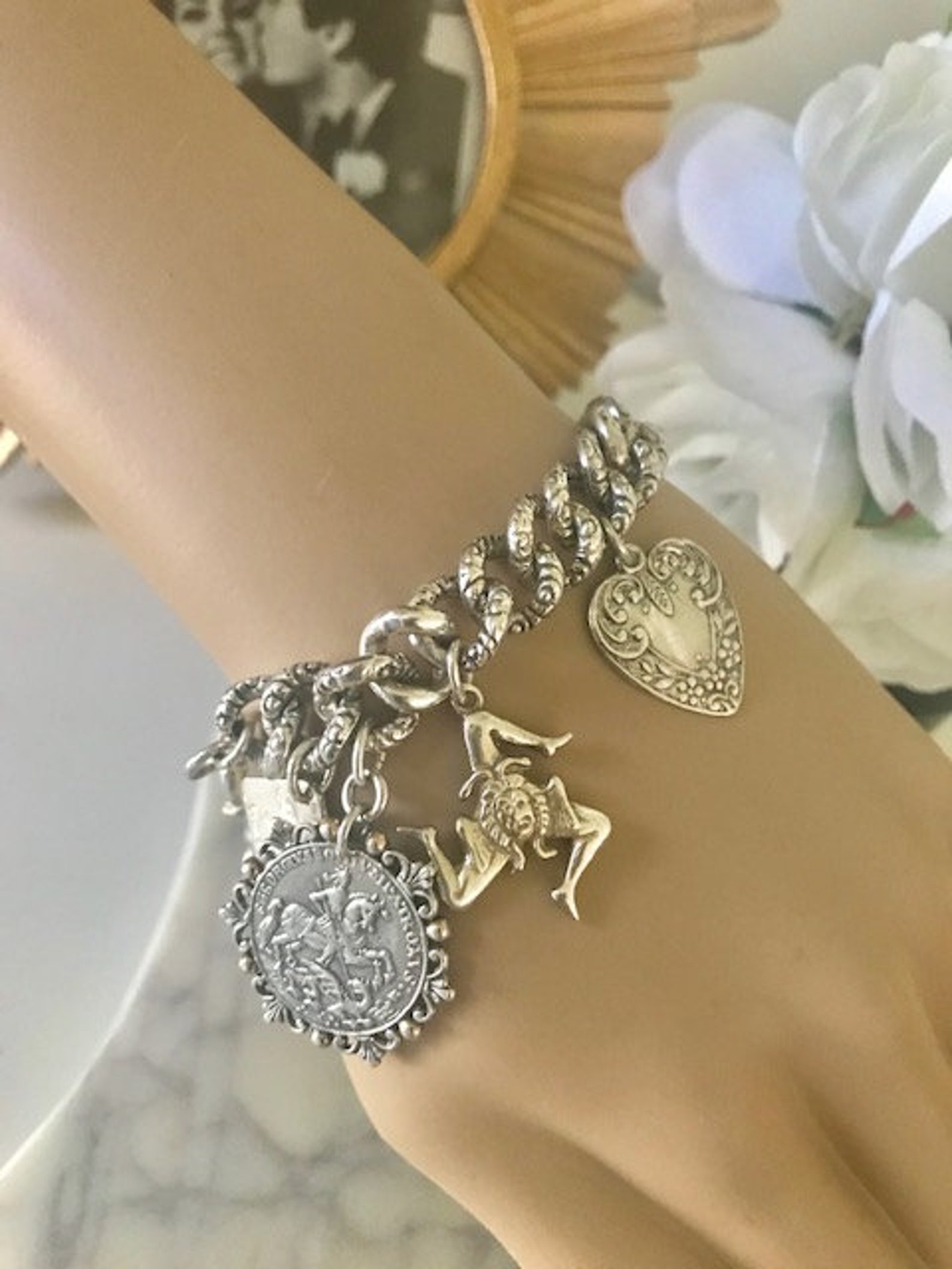 Antique Victorian Curb Link Charms Bracelet Sterling Silver Etsy