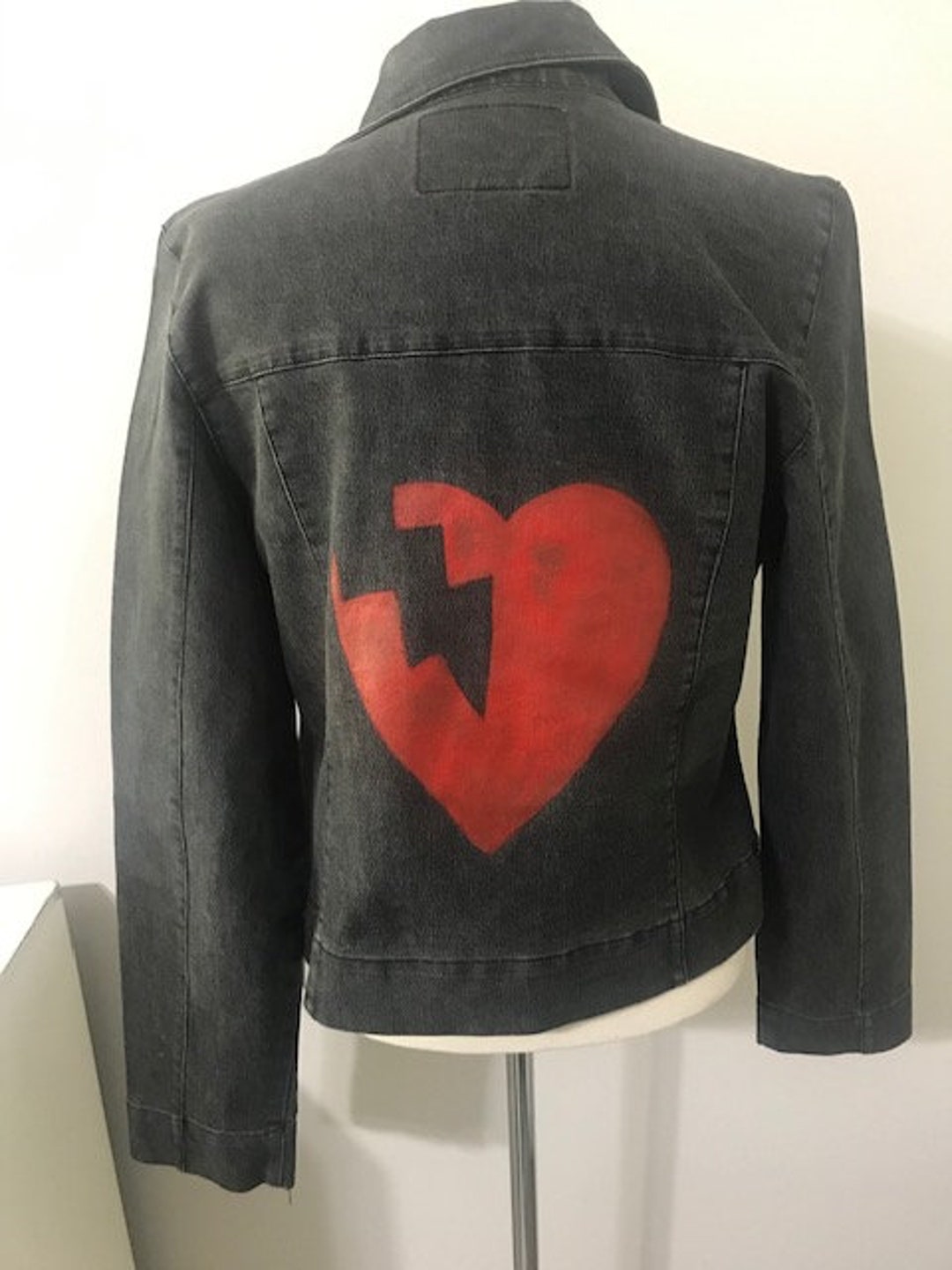GUESS Denim Grey Jacket, Hand Painted Red Heart, Women's Casual Jacket ...