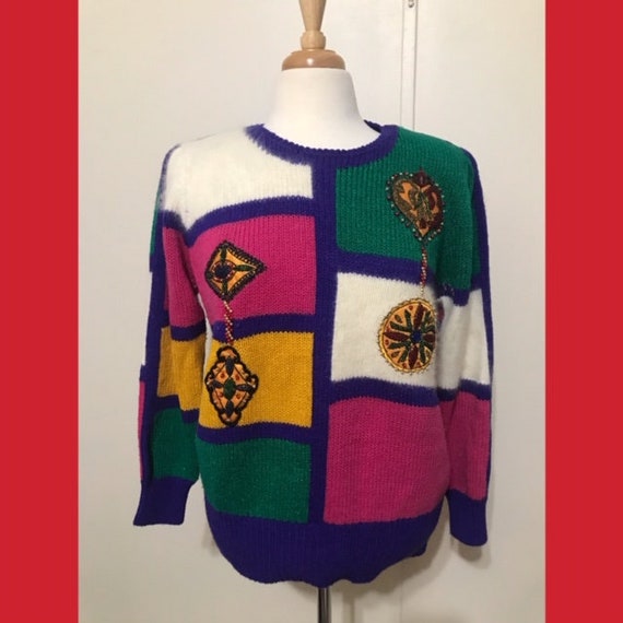 Vintage Christine Colorful Sweater with Beaded Pa… - image 1