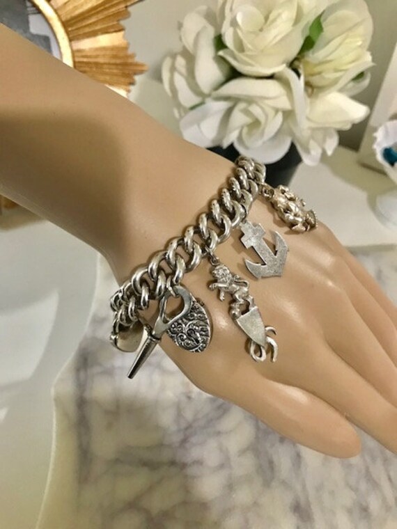 Antique Victorian Curb Link Charms Bracelet Sterling Silver Etsy