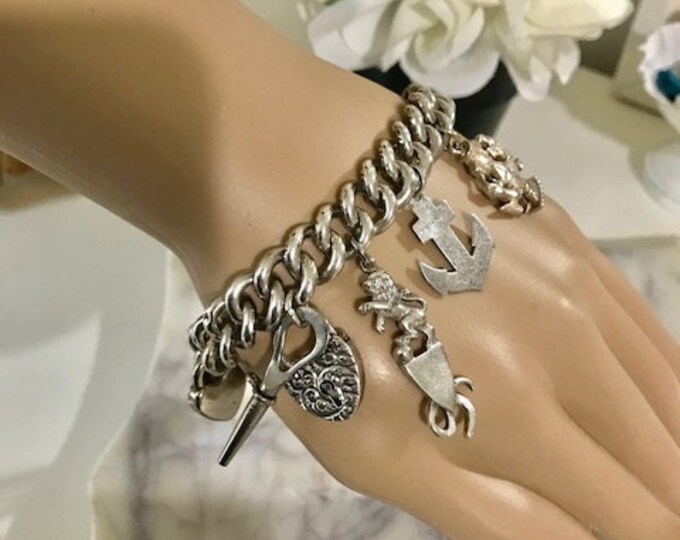 Antique Victorian Curb Link Charms Bracelet Sterling Silver Etsy