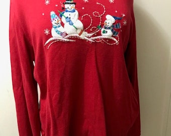 Vintage Red Pullover, Christmas Sweater, Snowmen Shirt, Women Size X Large, Gift for Her,