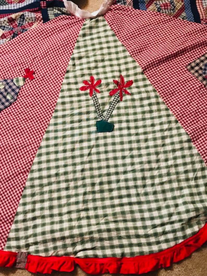 Vintage Extra Large Christmas Tree Quilted Skirt Vintage Christmas Vintage Hand Made Patchwork Skirt and Gingham Christmas Tree Skirt