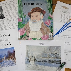 Może przedstawiać: Drukowany przewodnik po sztuce dla dzieci przedstawiający obrazy Claude'a Moneta. Przewodnik zawiera portret artysty, biografię i obraz zimowego krajobrazu. Tekst zawiera tytuł "Claude Monet w zimie Studium sztuki".