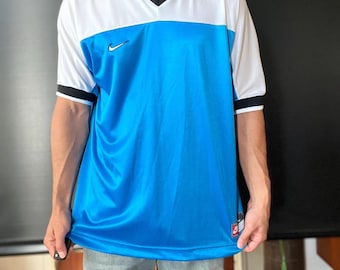 Vintage Mens Nike Blue and White Tee Neck Jersey Top Large