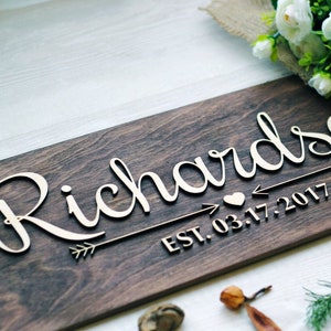 Family Name Sign, Personalized Wedding Gift, Bridal Shower Gift, Wedding Sign, Established Sign, Last Name Sign , Custom family name sign image 1